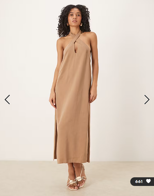 ASOS DESIGN cross neck column midi dress with side splits in stone