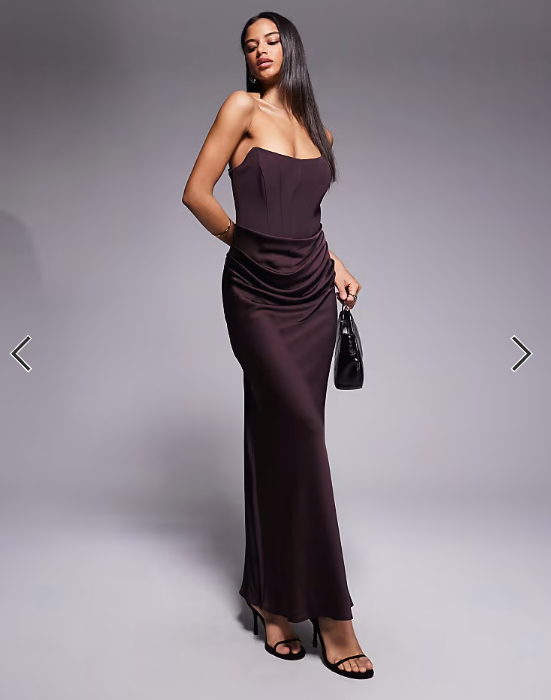 Forever New corset drape strapless maxi dress in dark chocolate