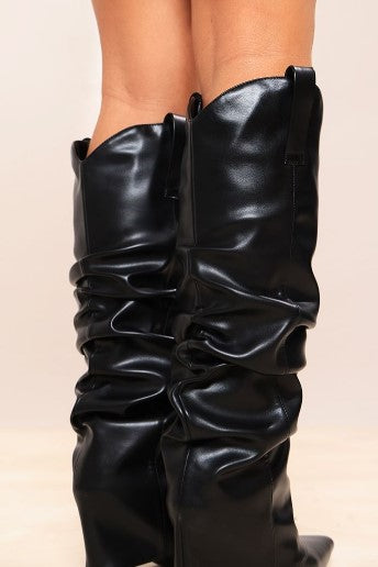 Black PU Point Toe Fold Over High Heeled Knee Boots