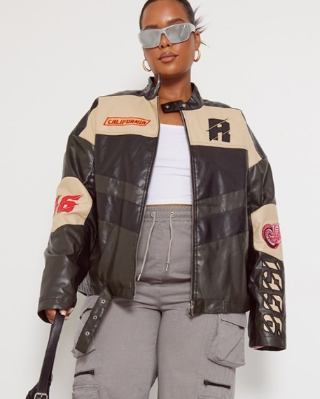 Plt - Plus Black Contrast Panel Oversized Faux Leather Motocross Jacket