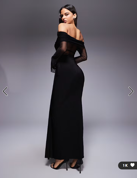 Kaiia exclusive double layered slinky foldover bardot sheer panel ruched skirt maxi dress in black