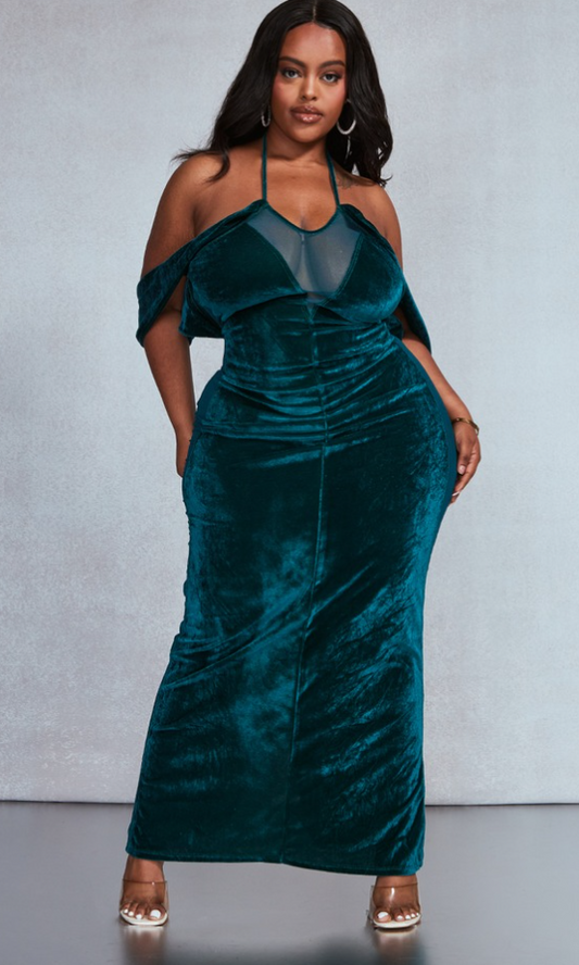 Plus Emerald Green Velvet And Mesh Halter Maxi Dress With Bardot Detail