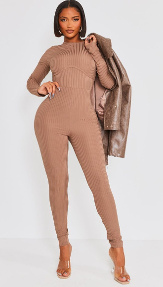 Shape Mocha Rib Underbust Detail Long Sleeve Jumpsuit