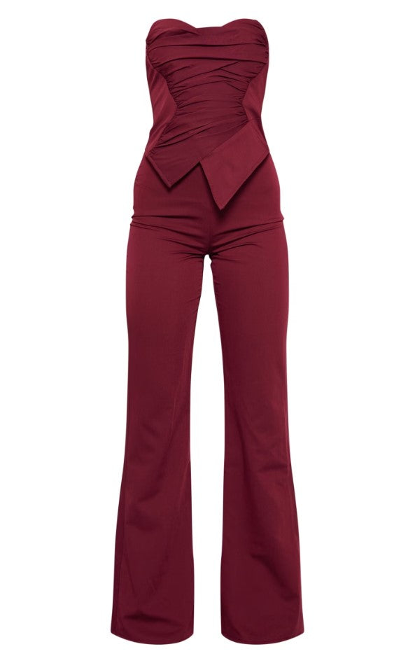 Cherry Red Ruch Pointed Corset Bandeau Jumpsuit