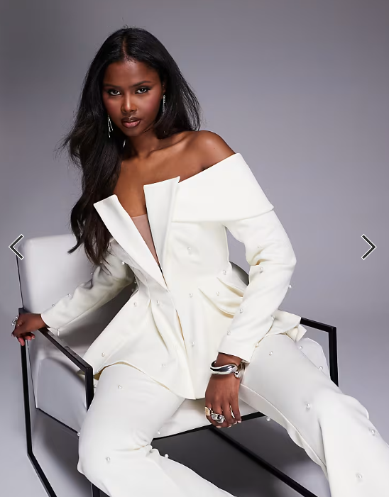 ASOS LUXE co-ord pearl embellished off shoulder tailored blazer in cream