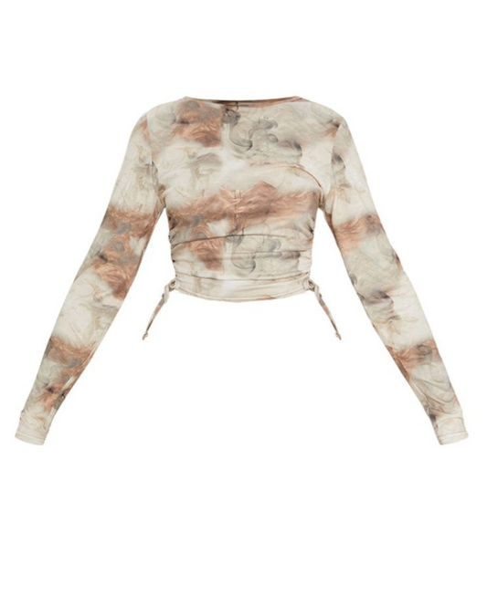 Beige Jersey Tie Ruched Side Long Sleeve Crop Top