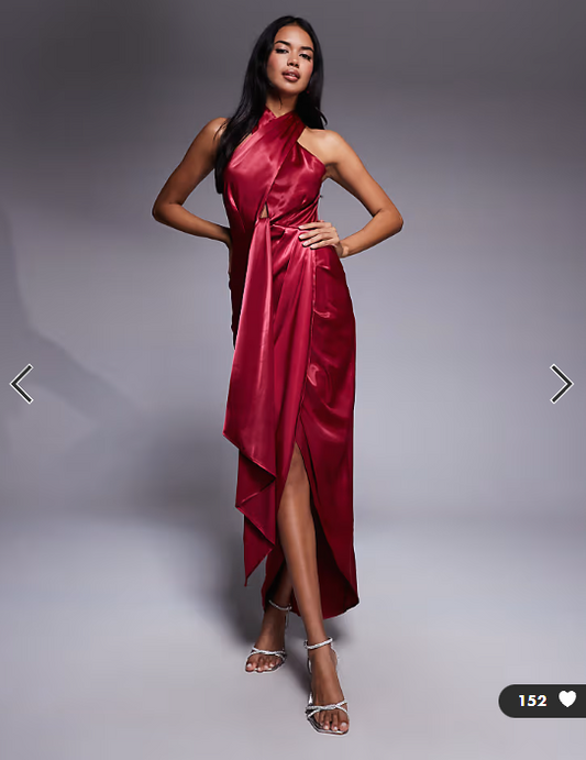TFNC halter neck dress with wrap skirt in red satin