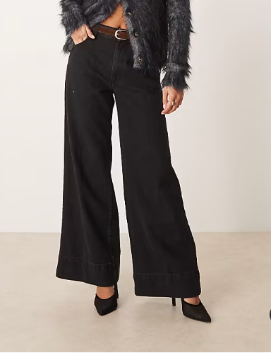 ASOS DESIGN Petite wide leg jeans with crease front and belt in black