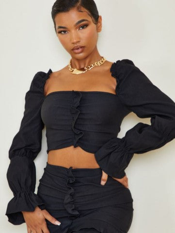 Black Woven Stretch Frill Ruched Front Long Sleeve Crop Top