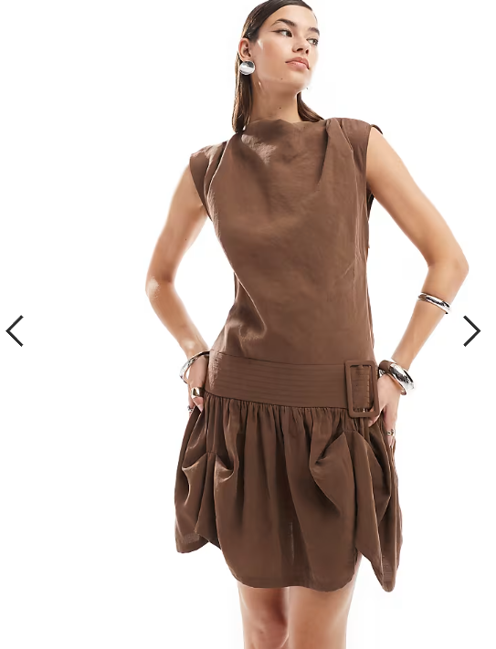 ASOS DESIGN cowl neck hitched hem cupro mini dress in brown