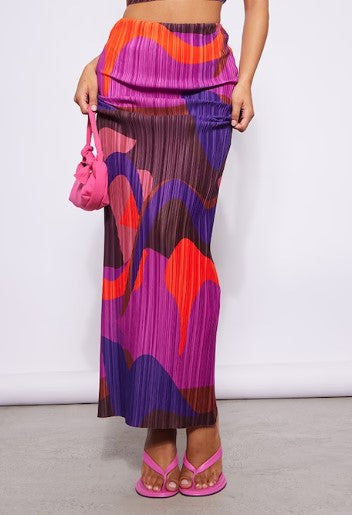 Pink Print Plisse Maxi Skirt