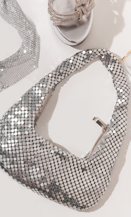 Silver Large Chainmail Curved Shoulder Bag