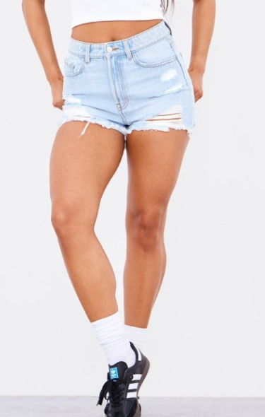 Light Blue Distressed High Rise Basic Denim Shorts
