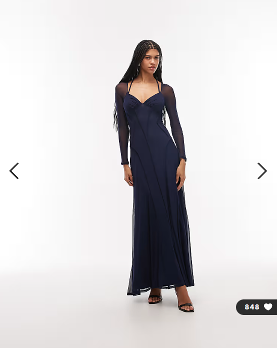 ASOS DESIGN mesh long sleeve maxi dress with exposed seam detail in navy