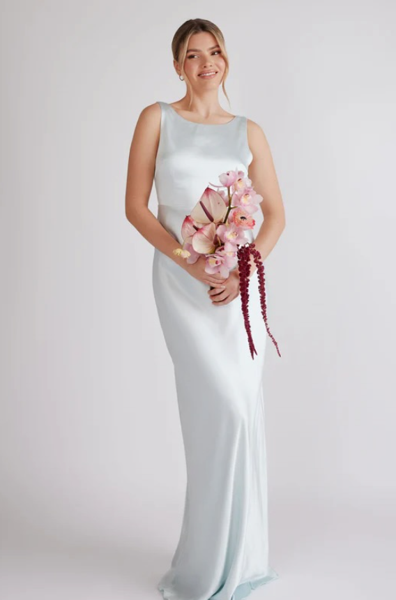 JANE Cowl Back Satin Bridesmaid Dress - Ice Blue