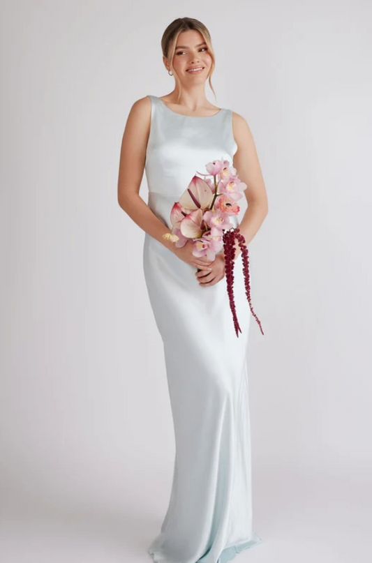 JANE Cowl Back Satin Bridesmaid Dress - Ice Blue