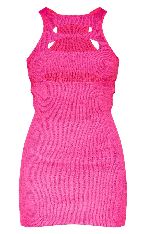 Bright Pink Two Tone Knit Extreme Cut Out Dress