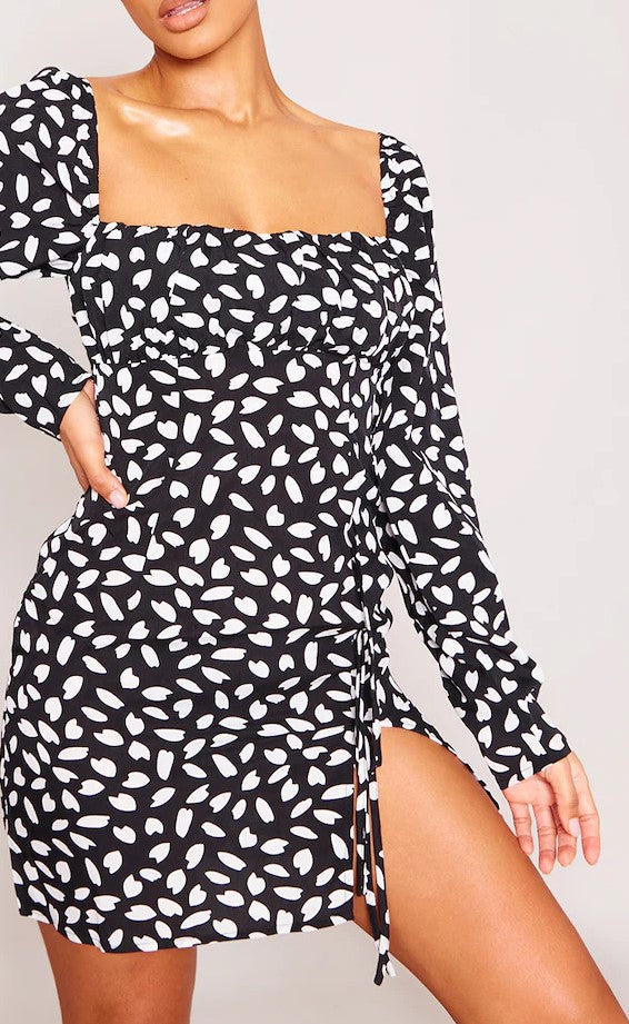 Black Dalmatian Print Bow Detail Side Split Bodycon Dress