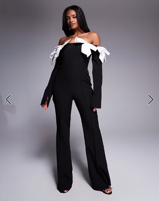 ASOS LUXE satin bow off shoulder jumpsuit in black contrast