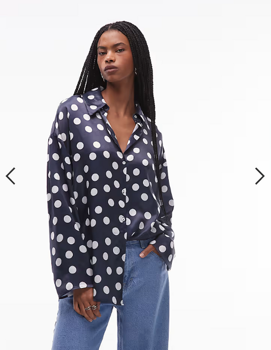 ASOS DESIGN satin wide cuff shirt in polka dot