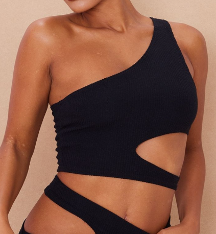 Black Crinkle Rib One Shoulder Cut Out Crop Top