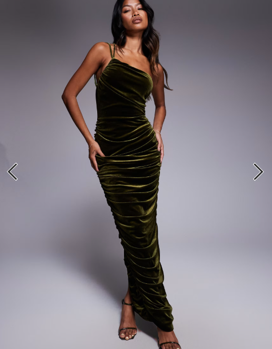 TFNC ruched one shoulder maxi dress in olive green velvet