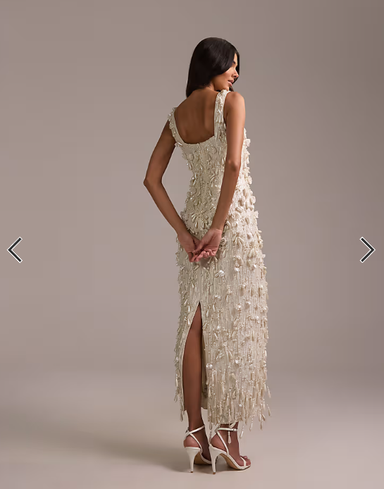 ASOS DESIGN pearl encrusted square neck maxi dress with beaded fringe in ivory