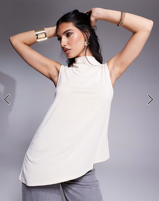 ASOS DESIGN floaty grown on neck cupro longline top in stone