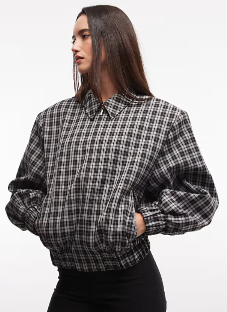 ASOS DESIGN bold shoulder zip up bomber jacket in mono check