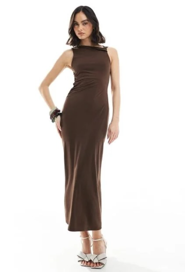 Pull & Bear - knot shoulder detail maxi dress in brown