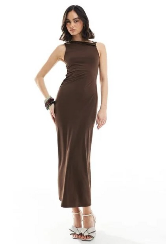 Pull & Bear - knot shoulder detail maxi dress in brown
