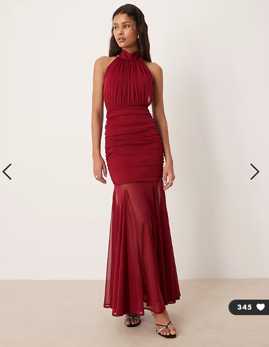 TFNC halter neck sheer skirt maxi dress in wine