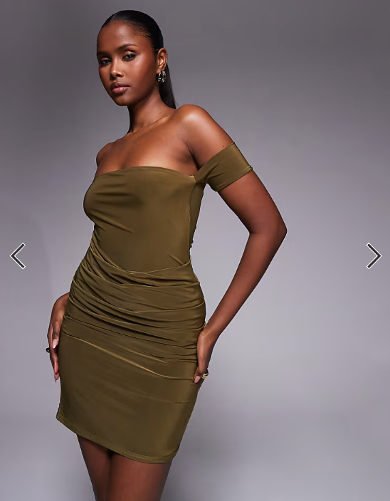 Kaiia exclusive double layered slinky bardot mini dress in khaki