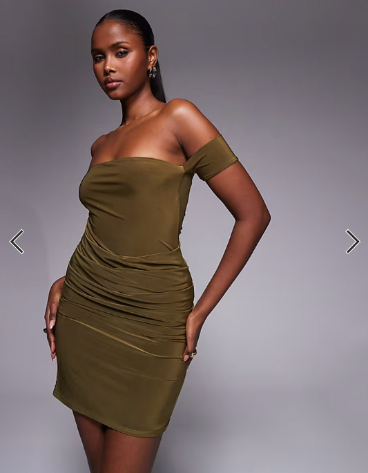 Kaiia exclusive double layered slinky bardot mini dress in khaki