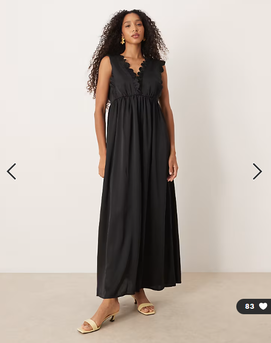 YAS plunge front scallop edge detail satin maxi dress in black