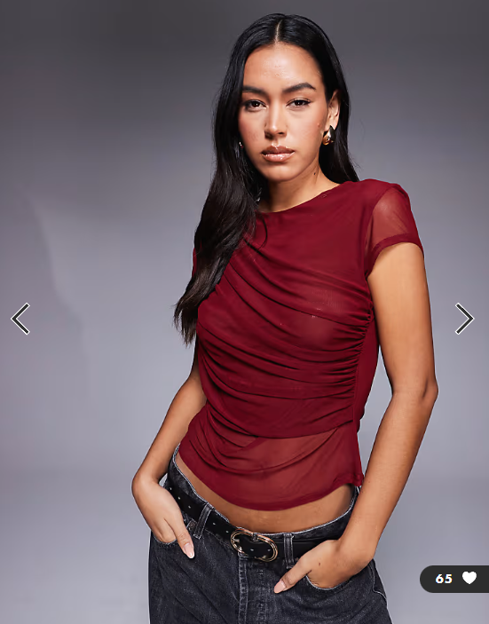 ASOS DESIGN mesh short sleeve drape front top in burgundy