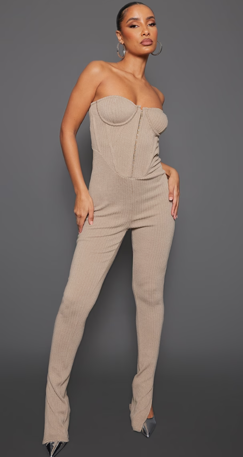 Taupe Textured Rib Corset Bandeau Split Hem Jumpsuit