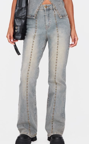 Plt - Vintage Washed Front Seam Studded Flared Jeans