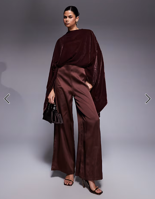 ASOS DESIGN velvet bodice satin wide leg jumpsuit in chocolate