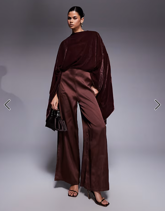 ASOS DESIGN velvet bodice satin wide leg jumpsuit in chocolate