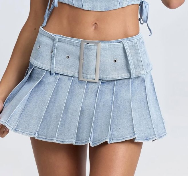 OhPolly-Belted Pleated Low-Rise Micro Mini Skirt in Light Blue Stonewash