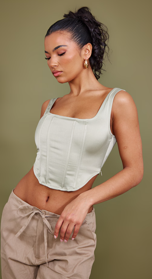 Pale Olive Sculpt Satin Boned Corset