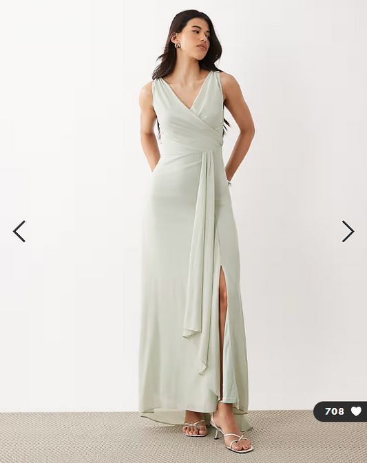 TFNC Bridesmaid chiffon wrap top draped maxi dress in sage green