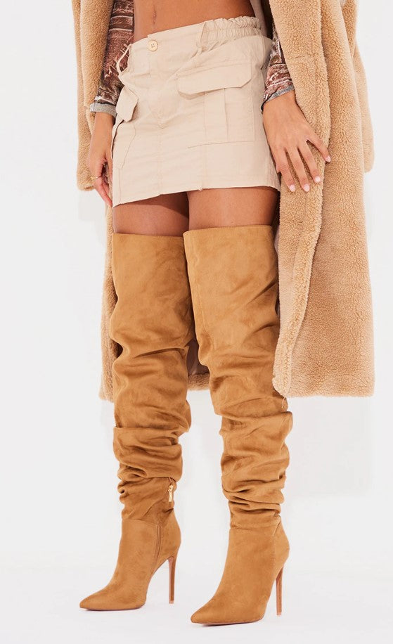 Sand Point Toe Over The Knee High Heeled Boots