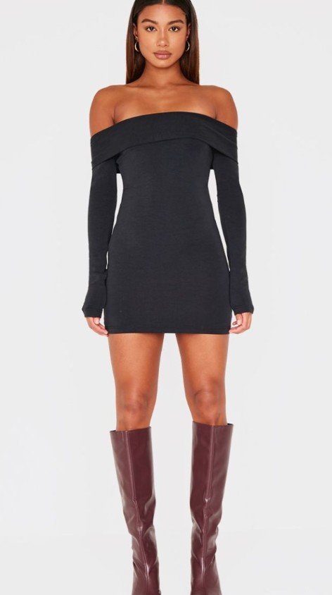 Black Premium Contour Bardot Bodycon Dress