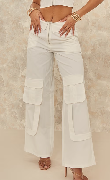 Plt - White Woven Foldover Waist Zip Front Cargos