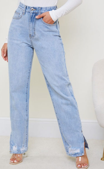 Petite Light Blue Wash Ripped Split Hem Straight Leg Jeans