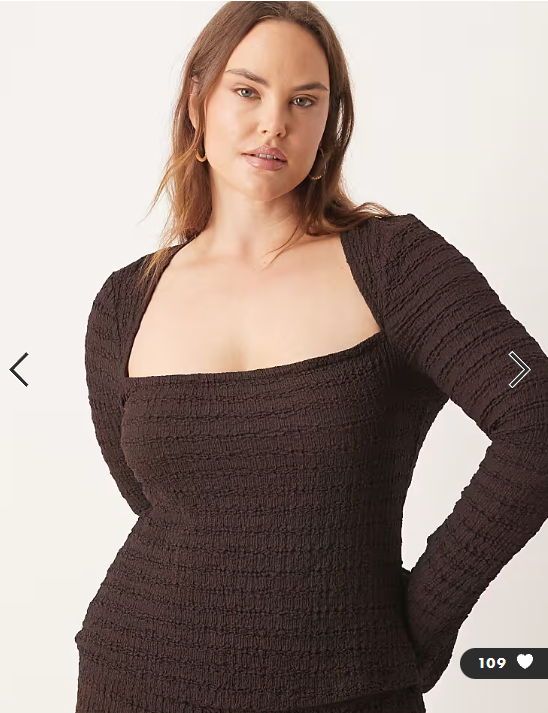 ASOS DESIGN Curve co-ord textured square neck flare sleeve top in chocolate