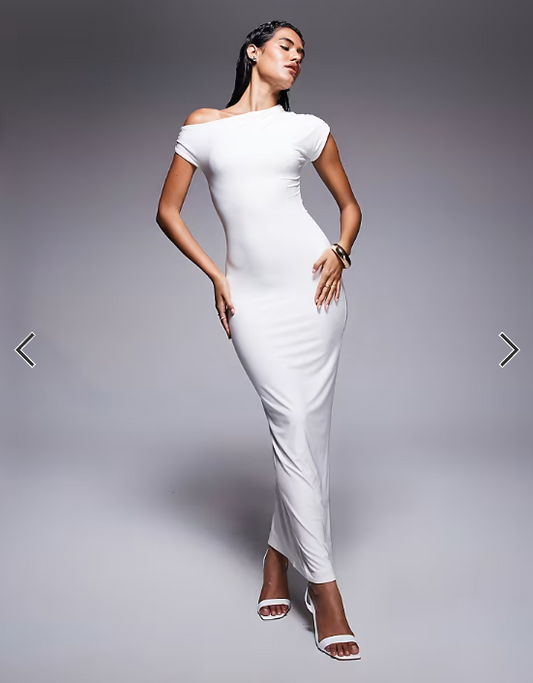Kaiia exclusive double layered slinky drape off shoulder bodycon maxi dress in white
