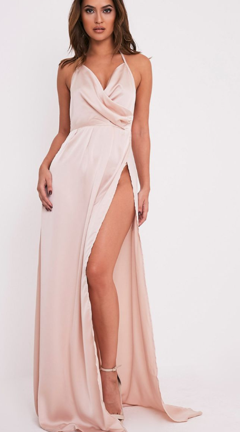 Lucie Champagne Silky Plunge Extreme Split Maxi Dress